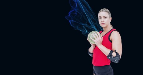 Composition of caucasian female handball player holding ball with copy space on black background