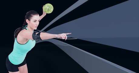 Composition of caucasian female handball player holding ball with copy space on black background