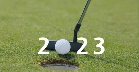 Papier Peint photo Golf Composition of 2023 number with golf ball and golf club on golf course