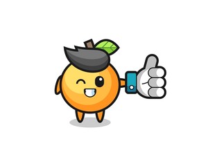 cute orange fruit with social media thumbs up symbol