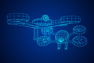 Drone flying with action video camera. Wireframe low poly mesh vector illustration