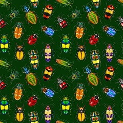 Watercolor hand drawn seamless pattern with bugs, beetles on dark green background.