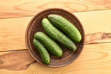 One ripe green custom cucumber on a clay plate, close-up, top view.