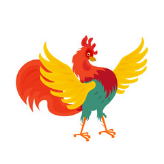 A beautiful bright colored rooster stands on its paws with its wings spread. A proud cock in cartoon style. Vector illustration isolated on white background.