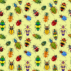 Seamless pattern with colorful bugs, beetles. Hand drawn watercolor insects on yellow background.