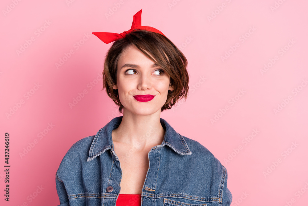 Poster close-up portrait of attractive minded cheery girlish girl thinking copy space isolated over pink pa