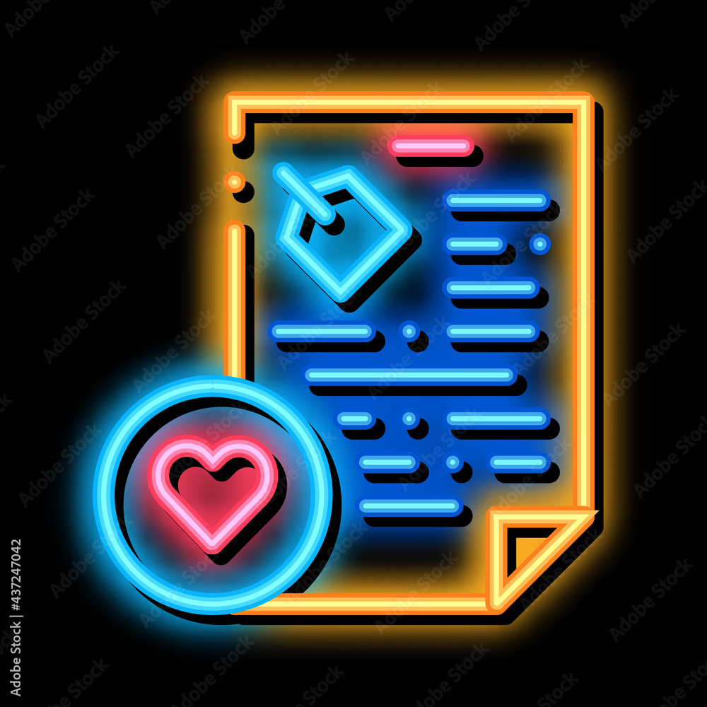 Sticker Document Heart neon light sign vector. Glowing bright icon Document Heart sign. transparent symbol illustration