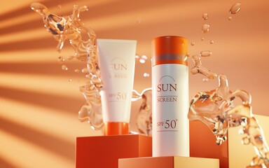 Sunscreen bottles on podium in splash water, uv protection. Cosmetic white plastic tube with orange cap in wave drops, product ad presentation on stage in sunshine, skincare. Realistic 3d illustration