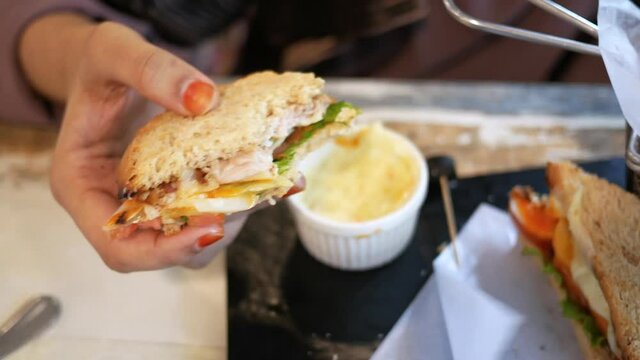 Holding Slice Of Half Eaten Chicken Sandwich At Cafe 