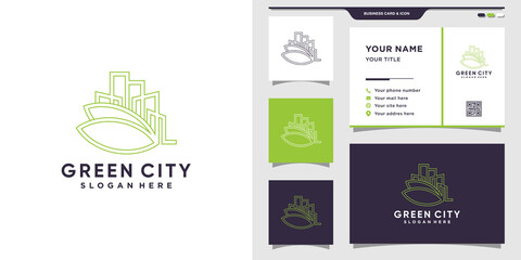 Green city logo with linear style and business card design