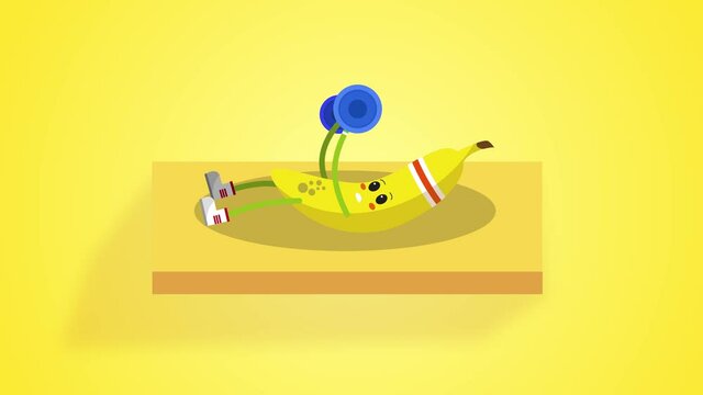 Cute banana character doing bench press workout with a barbell isolated on yellow background. colorful funny Banana cartoon character animation Loop over. exercising healthy fitness lifestyle for kids