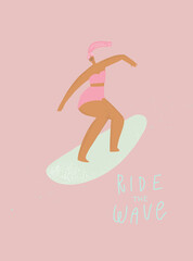 Woman in pink swimsuit on surfboard, handwritten quote: ride the wave. Vector illustration