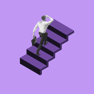 Career ladder. Young man manager, finance analyst or clerk in office suit isolated on purple background. Collage, illustration