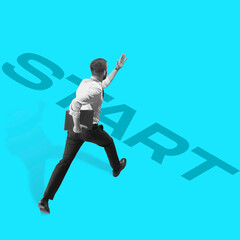 Start your business. Young male manager, finance analyst or clerk in office suit isolated on blue background. Collage, illustration