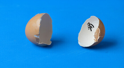 An empty cracked egg as a symbol of quitting because of the lack of internet wireless connection