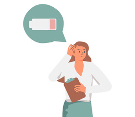 Tired woman sitting and hugging her knees with a discharged battery in the thoughts. Fatigued female is in emotional burnout or mental disorder. Vector illustration