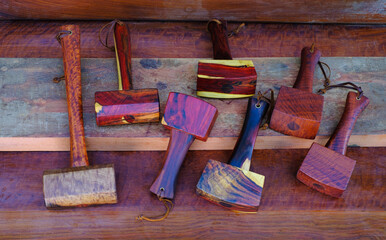 Set of mallet hammer wood made of rosewood tool handmade of Thailand for used by a carpenter in the...