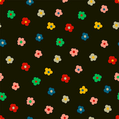 Simple and cute pattern with colorful tinny flowers in minimalistic  style on dark background . Flower repeated texture for stylish fabric design, wallpaper, dresses or wrapping paper.
