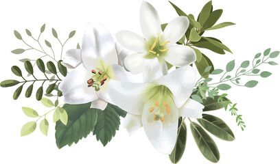 白い花と葉っぱの繊細な装飾　ベクター素材