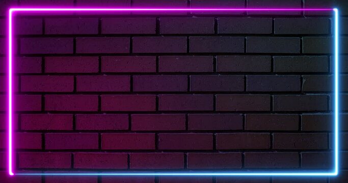 Neon border frame background in pink and blue on a brick wall background. Digital technology effect duotone line - seamless animation loop. 4K Video 