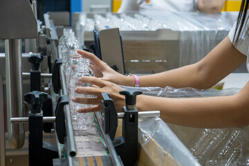 The operator prepare PET bottles  on the conveyor belt for filling process in the drinking water...