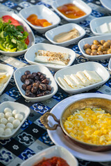 Rich and delicious Turkish breakfast on table