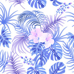 Fototapeta na wymiar Vector tropical bouquet of palm tree leaves and flowers isolated on white background.