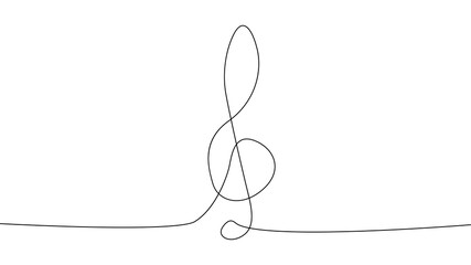 A treble clef and notes are drawn by a single black line on a white background. Continuous line drawing. illustration.