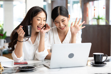 young couple woman talking and using laptop computer in free time