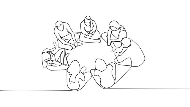 Continuous Line Drawing Group Of People Sitting, Standing, Meeting And Support