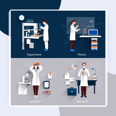 Science design concept set with theory experiment research invention icons set isolated vector illustration