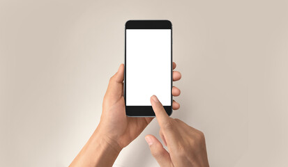 Hand holding smartphone device touching screen