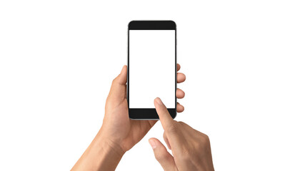 Hand holding smartphone device touching screen