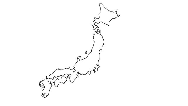 Japan map animation line. Black line animation letters drawing on a white background.
