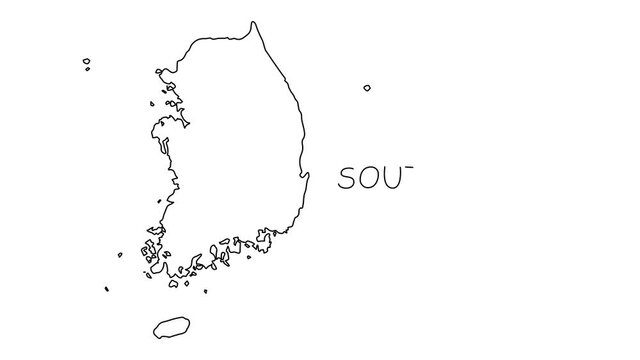 South Korea map animation line. Black line animation letters drawing on a white background.