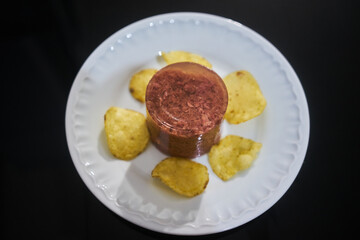 canned meat on a plate, with a side of potato chips
