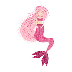 Cartoon beautiful little mermaid in a wreath. Siren. Sea theme. illustration on a white background.