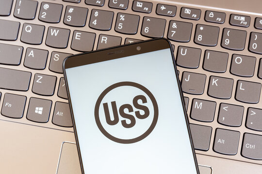 Toronto, On, Canada -March 14, 2021: U.S. Steel logo on smartphone screen on keyboard. U.S. Steel (United States Steel Corporation) is an American integrated steel producer. 