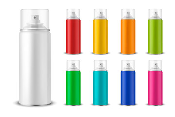 Vector 3d Realistic Aluminum Blank Spray Can, Bottle, Transparent Lid Set Isolated. Design Template, Sprayer Can, Mock up, Package, Advertising, Hairspray, Deodorant
