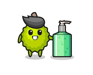 cute durian cartoon with hand sanitizer