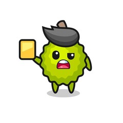 cartoon durian character as a football referee giving a yellow card