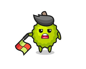 durian character as line judge hold the flag down at a 45 degree angle