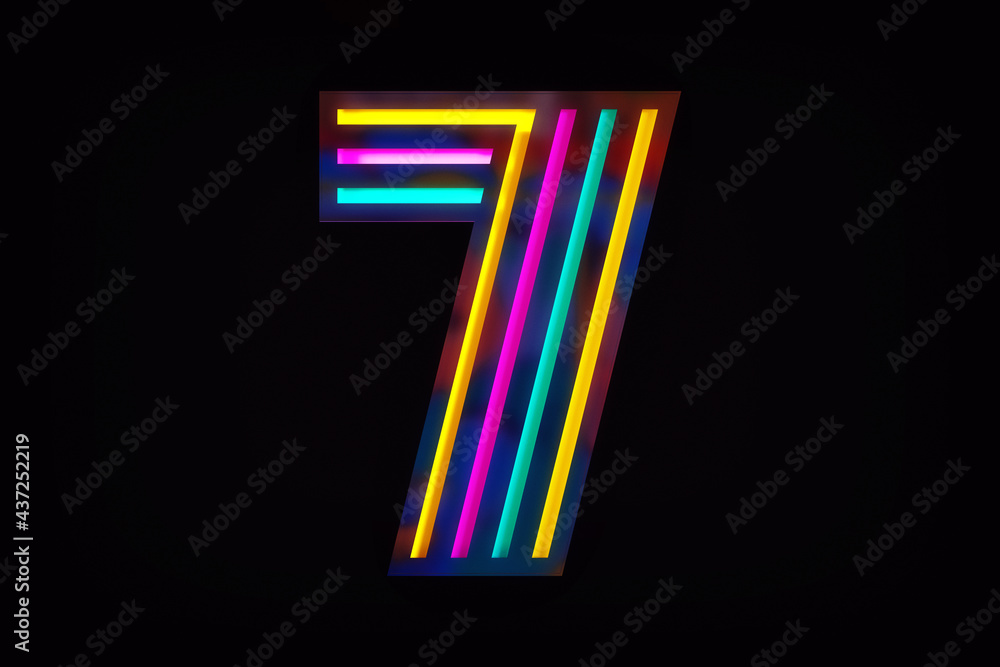 Aufkleber number 7 futuristic design style font. dark background and vibrant luminous colorful lines. 3d rende