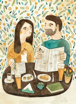 Couple in a cafe with coffee, beer, newspaper and a cat. 