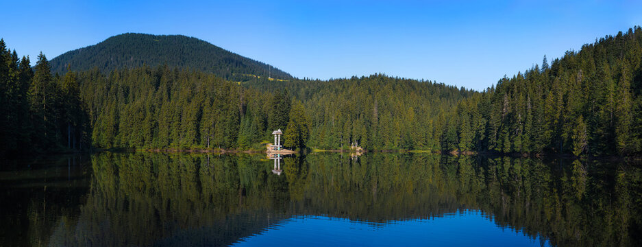 panopamic Lake Synevir in the Carpathian Mountains in Ukraine.