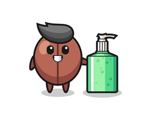 cute coffee bean cartoon with hand sanitizer