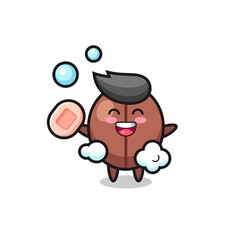 coffee bean character is bathing while holding soap