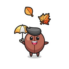 cartoon of the cute coffee bean holding an umbrella in autumn