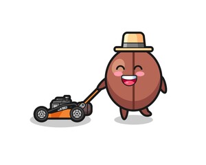 illustration of the coffee bean character using lawn mower