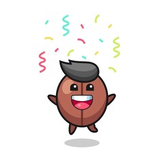 happy coffee bean mascot jumping for congratulation with colour confetti